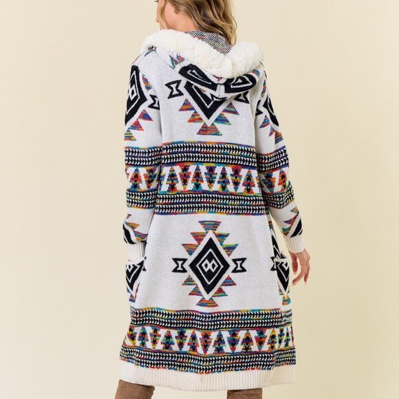 ON BLUE Rainbow Aztec Print Zip-Up Cardigan: Faux Fur Lined Hooded Cardigan Coat - Picture 10 of 15